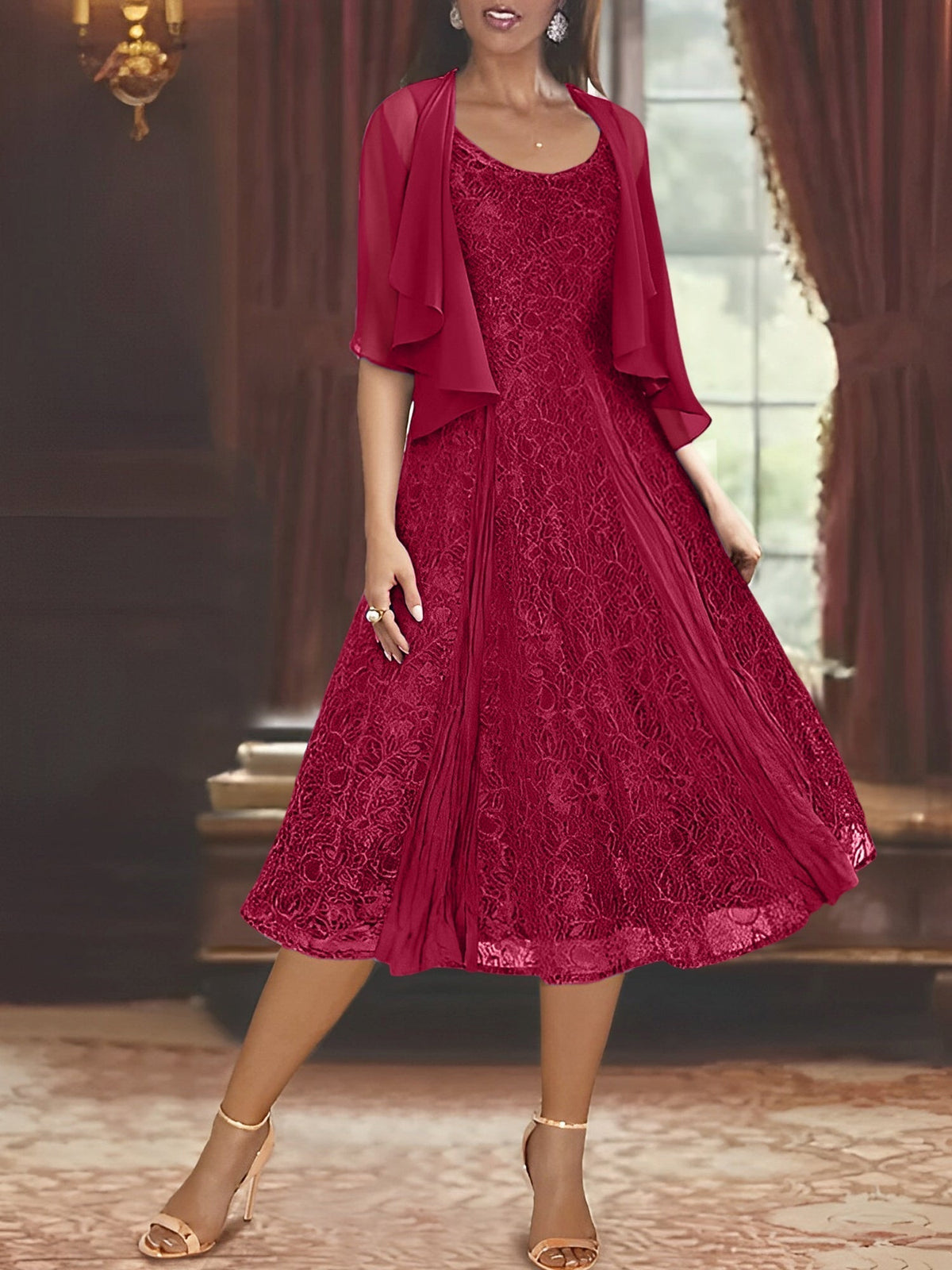 A Line Tea Length Mother of the Bride Dress with Scoop Neck Half Sleeves Appliques and Jacket