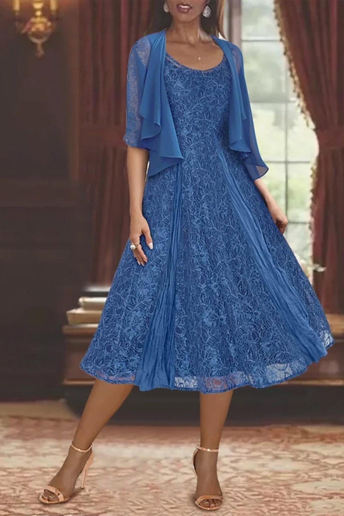 A Line Tea Length Mother of the Bride Dress with Scoop Neck Half Sleeves Appliques and Jacket