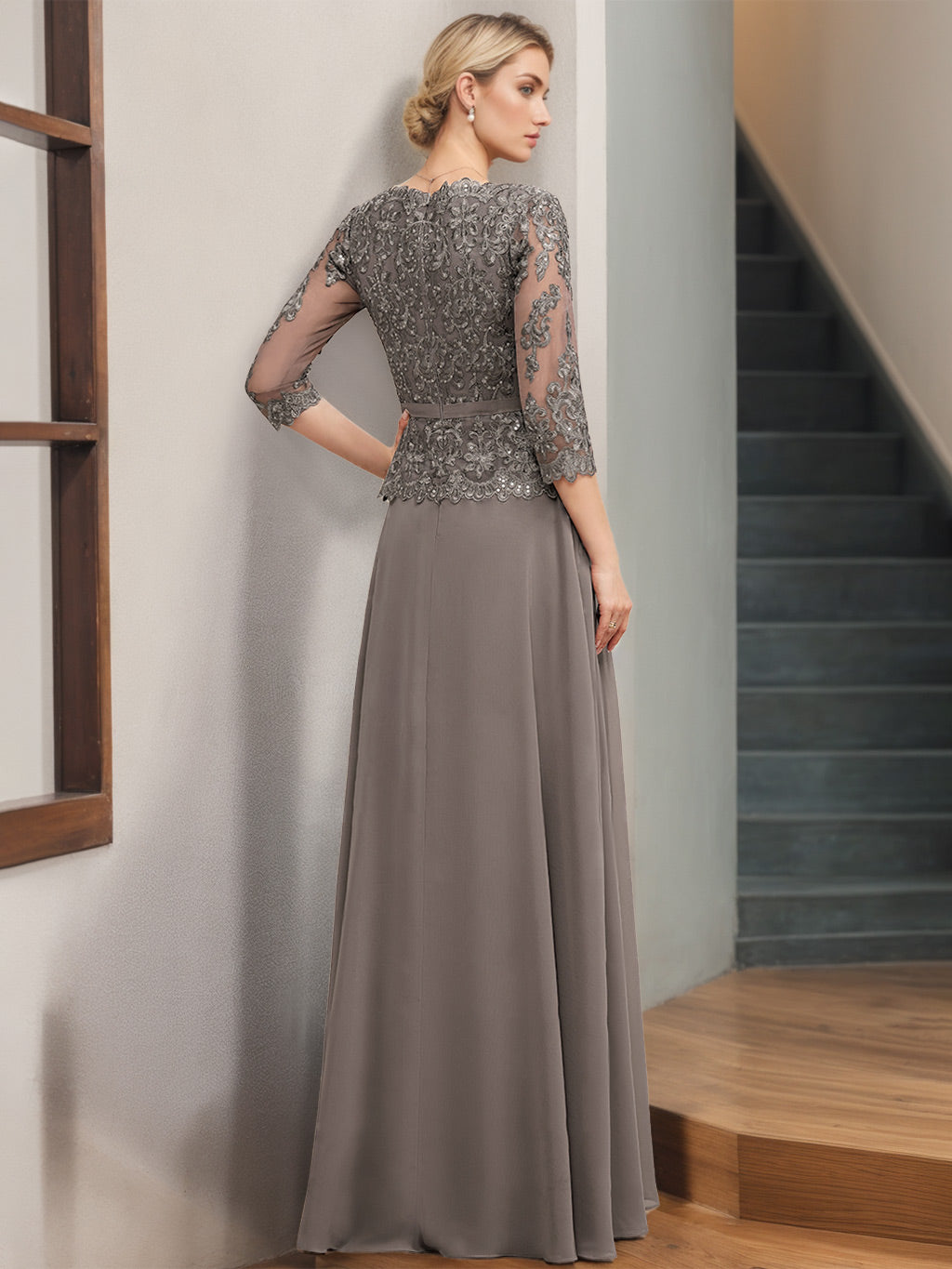 A Line V Neck Long Mother of the Bride Dress with 3/4 Sleeves Appliques & Sequins