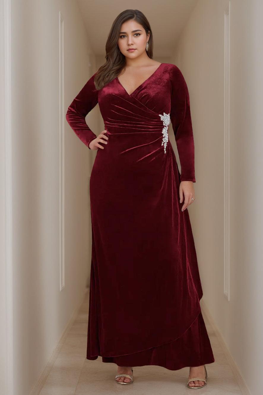 A Line V Neck Long Plus Size Velvet Mother of the Bride Dress with Long Sleeves and Ruffles