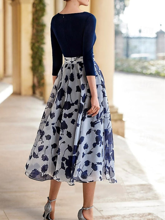 A Line V Neck Floral Mother of the Bride Dress with 3/4 Sleeves and Ankle Length