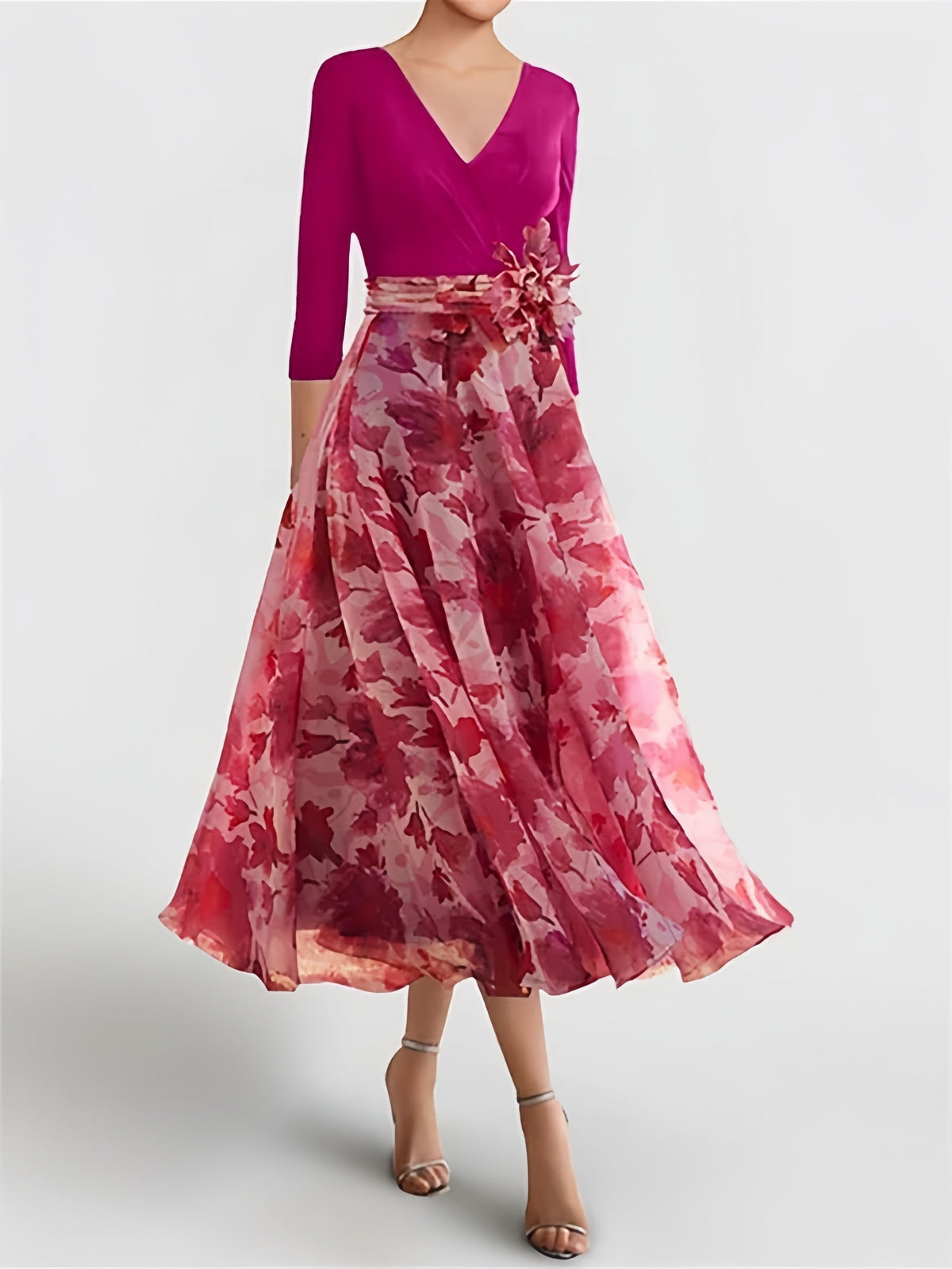 A Line V Neck Floral Mother of the Bride Dress with 3/4 Sleeves and Ankle Length