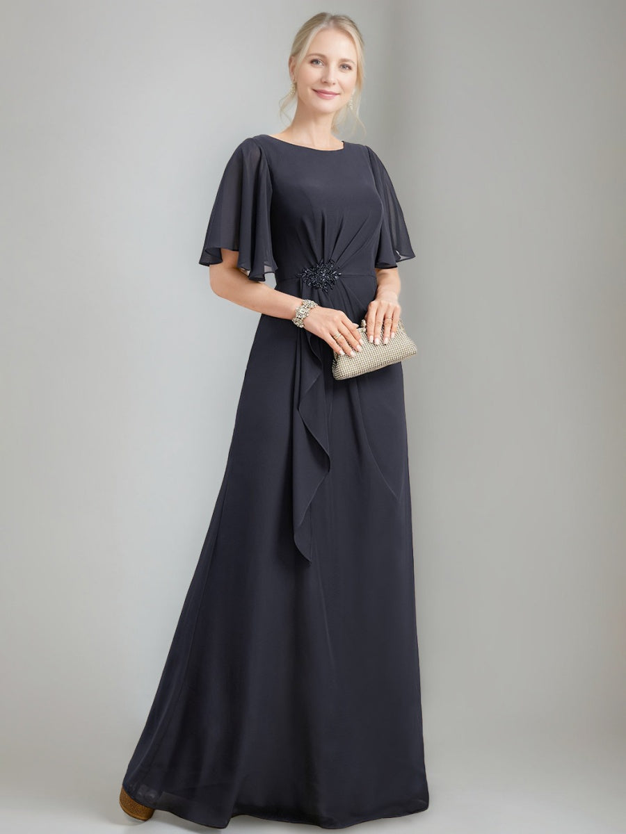 A line Jewel Neck Long Mother of the Bride Dress with Ruffles Crystals and Beads
