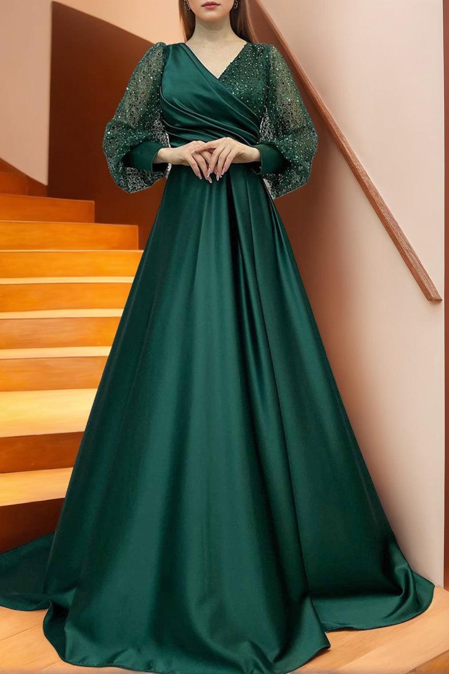 A line V neck Long Mother of the Bride Dress with Long Sleeves Sequins and Ruffles