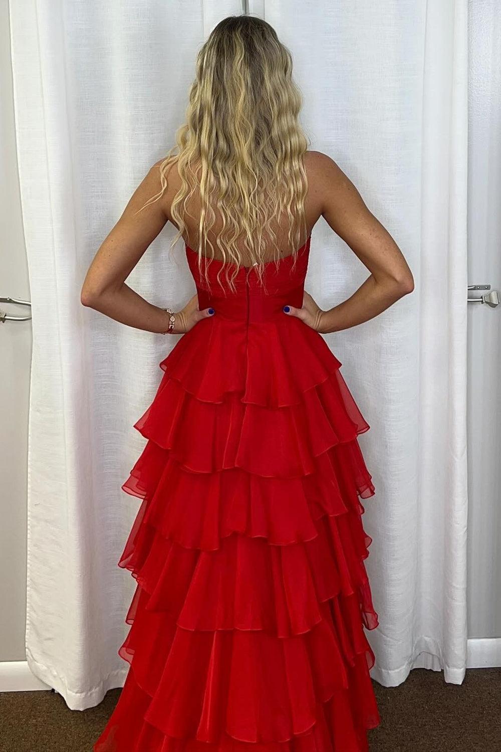 Princess Blush Prom Dress Sweetheart Ruffled Long Formal Dress With Slit