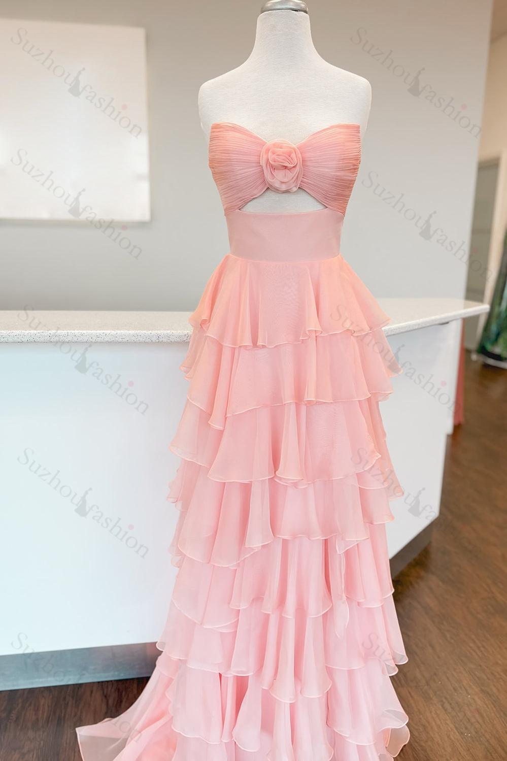 Princess Blush Prom Dress Sweetheart Ruffled Long Formal Dress With Slit