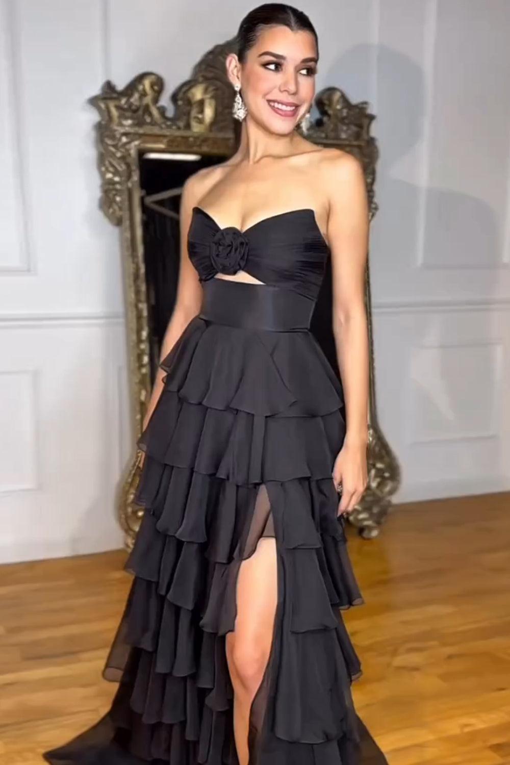 Princess Blush Prom Dress Sweetheart Ruffled Long Formal Dress With Slit