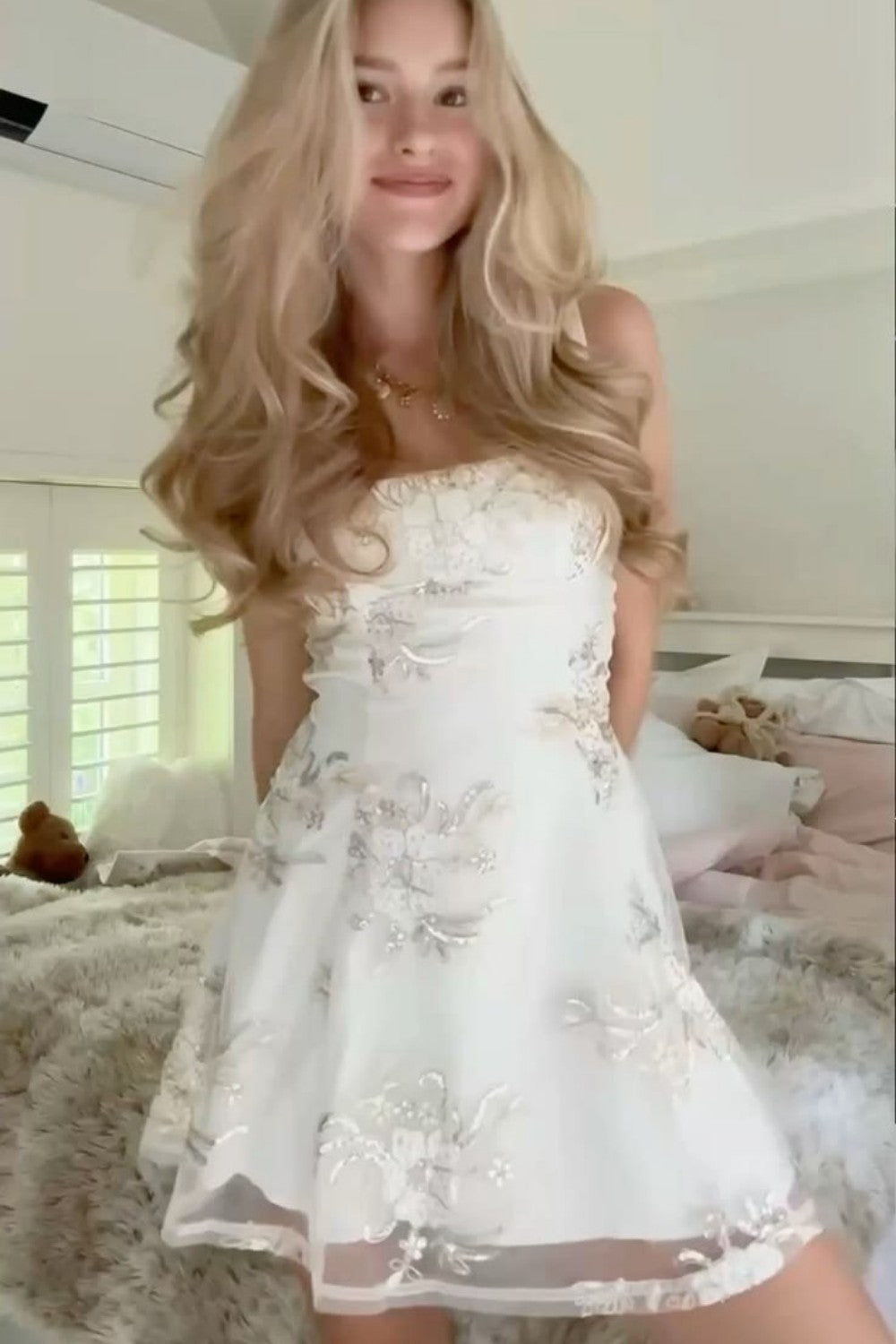 Princess-Inspired White Strapless Homecoming Dress with Embroidered Flowers