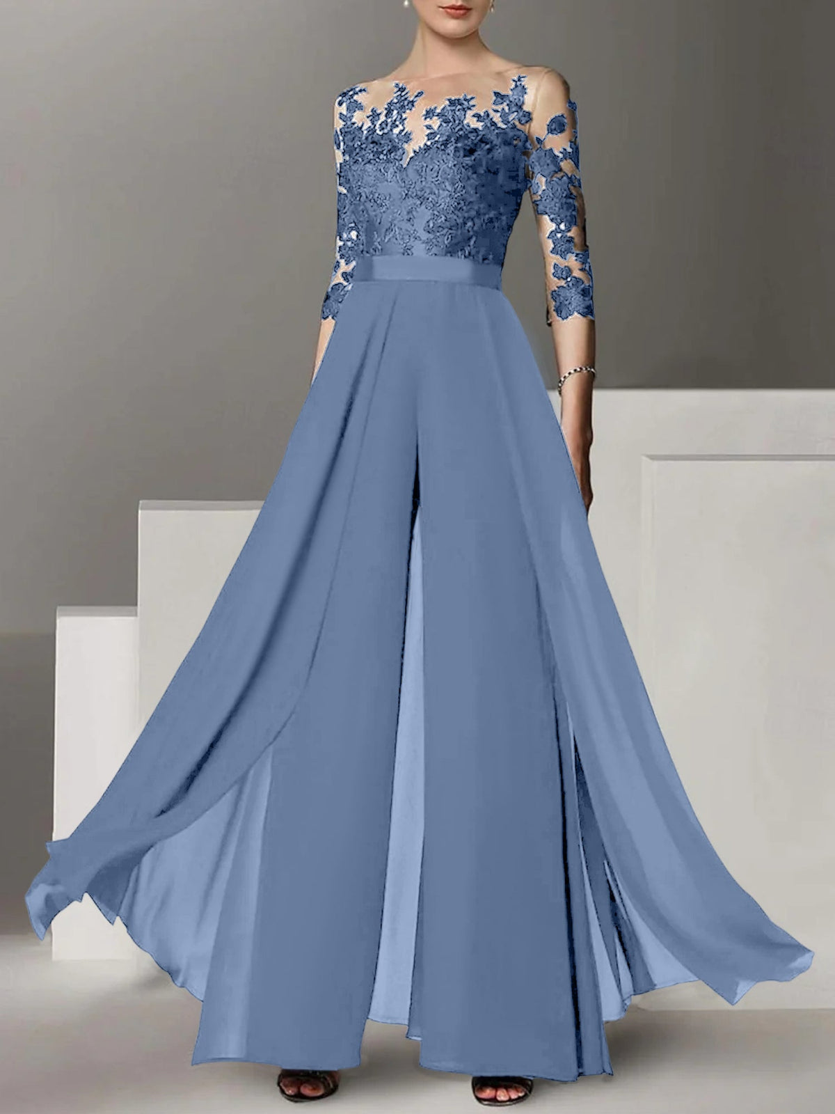 Jewel Neck A Line Long Mother of the Bride Pantsuit with Applique and 3/4 Sleeves