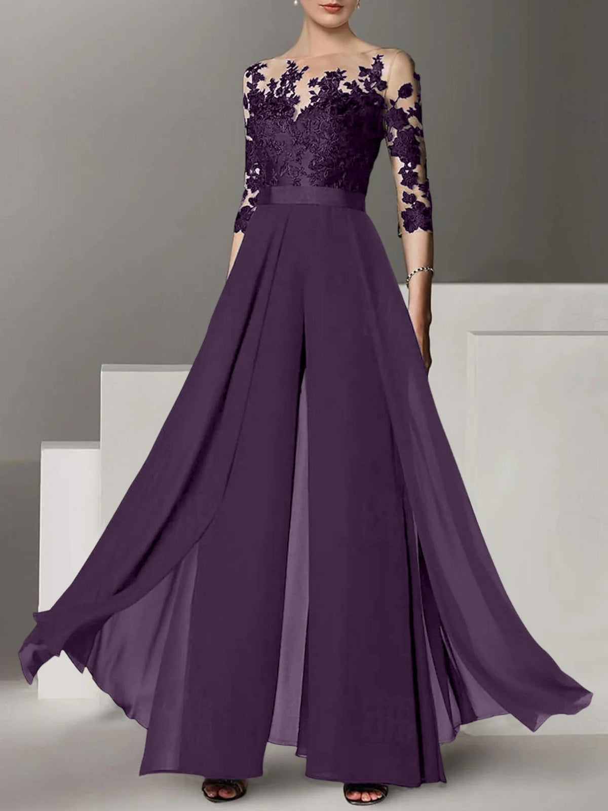 Jewel Neck A Line Long Mother of the Bride Pantsuit with Applique and 3/4 Sleeves