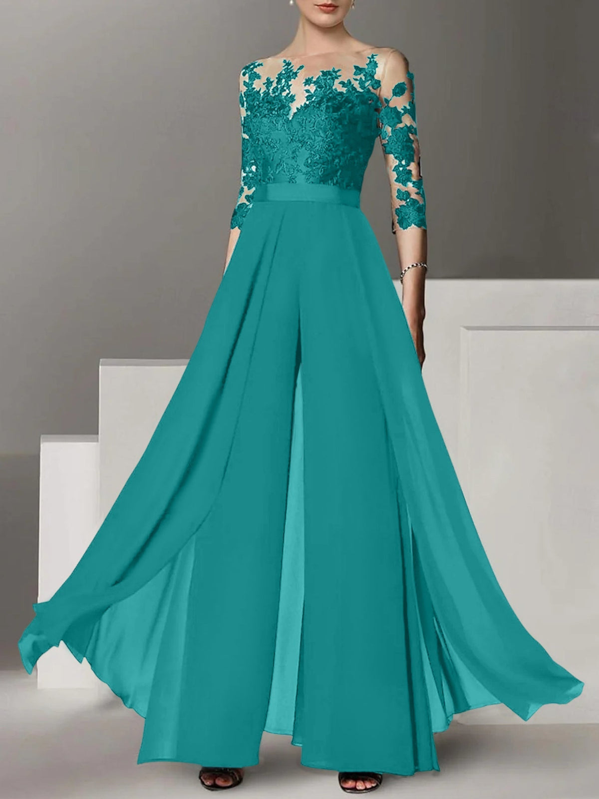 Jewel Neck A Line Long Mother of the Bride Pantsuit with Applique and 3/4 Sleeves