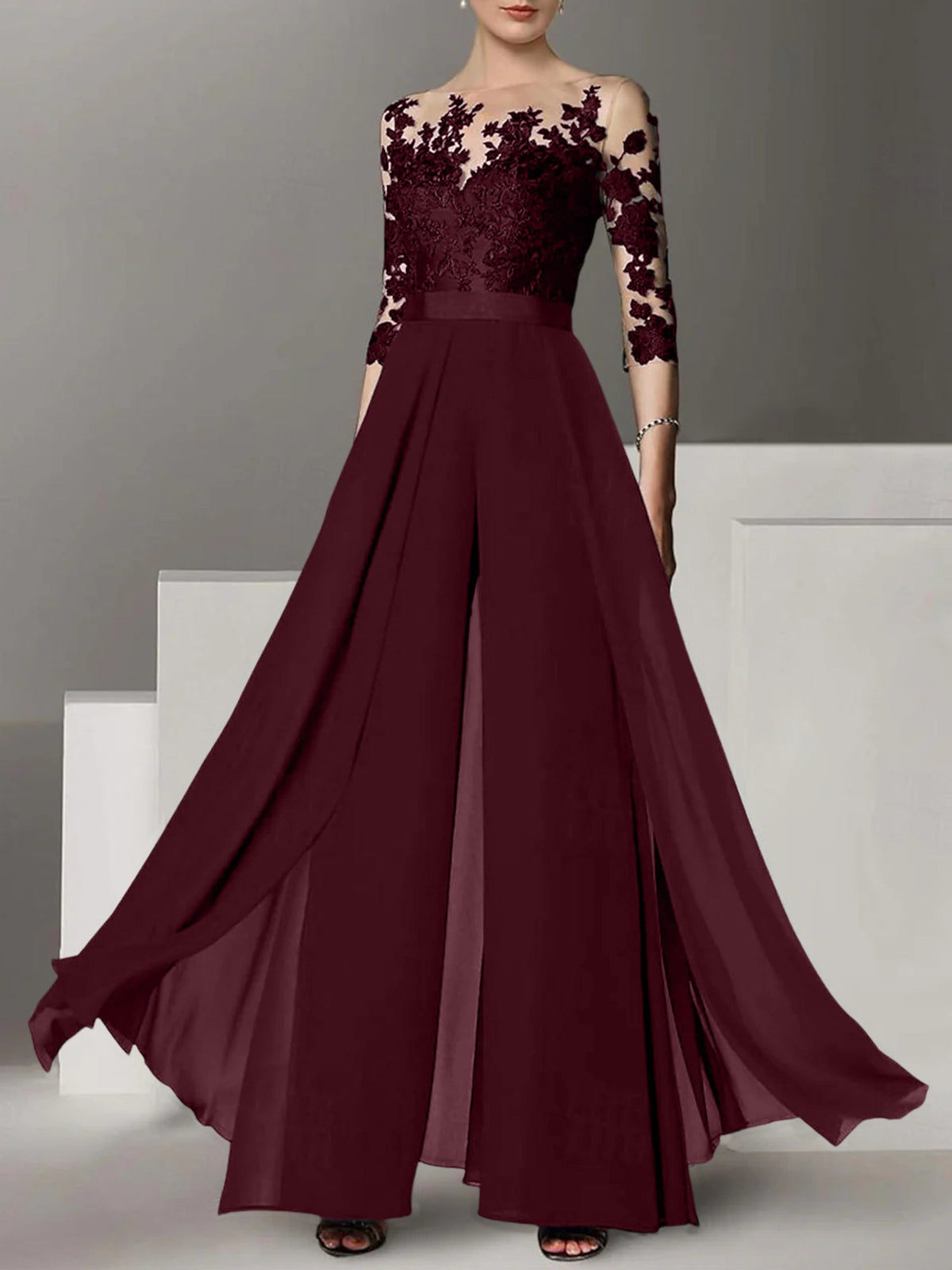 Jewel Neck A Line Long Mother of the Bride Pantsuit with Applique and 3/4 Sleeves