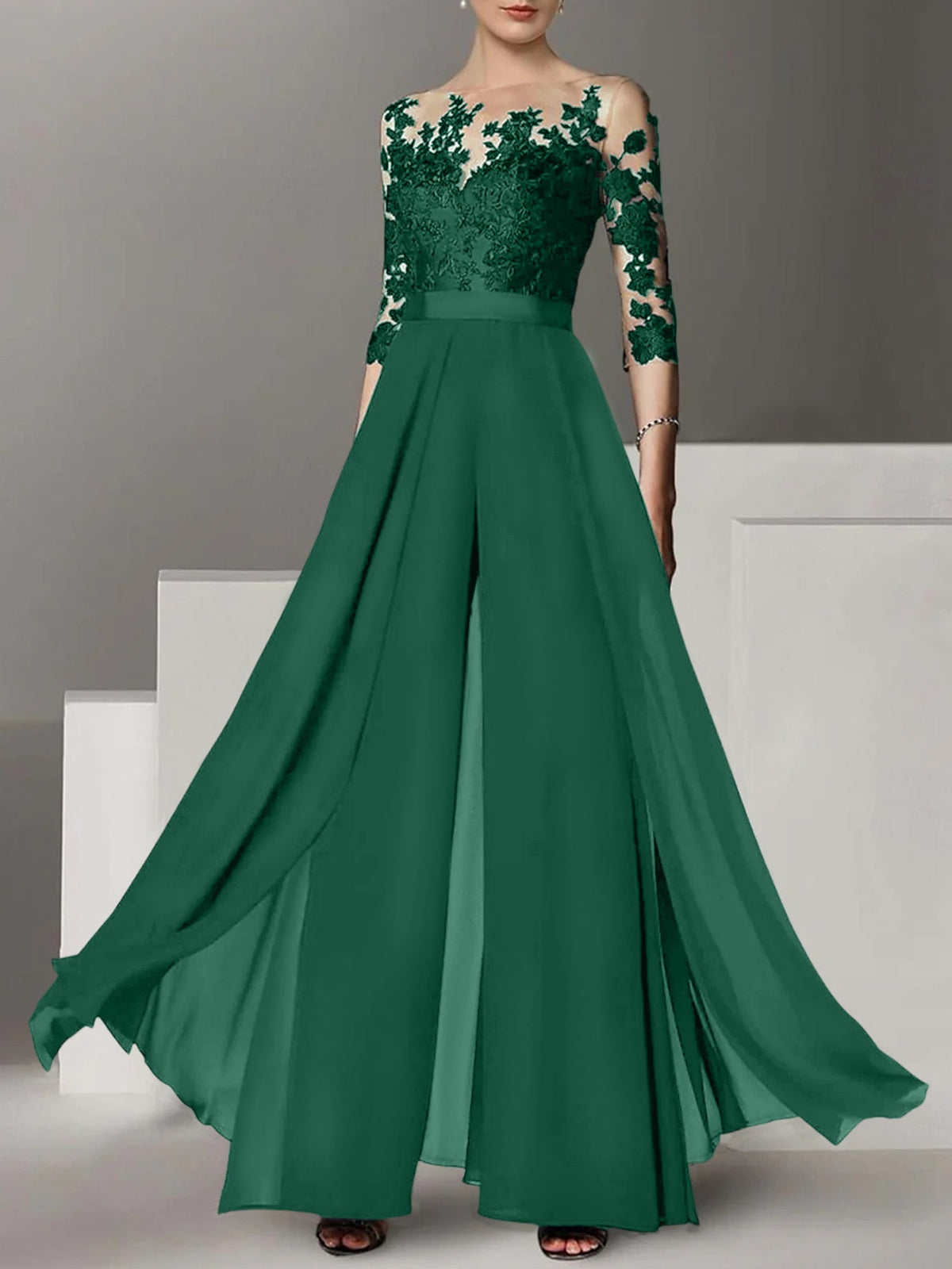 Jewel Neck A Line Long Mother of the Bride Pantsuit with Applique and 3/4 Sleeves
