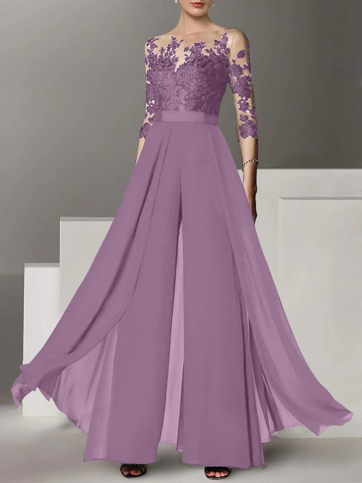 Jewel Neck A Line Long Mother of the Bride Pantsuit with Applique and 3/4 Sleeves