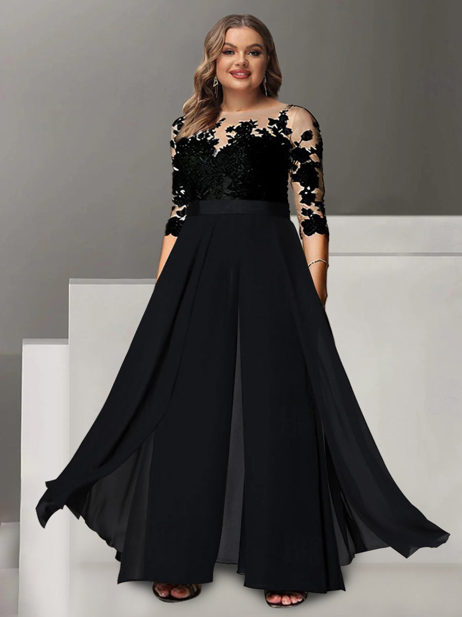 Jewel Neck A Line Long Mother of the Bride Pantsuit with Applique and 3/4 Sleeves