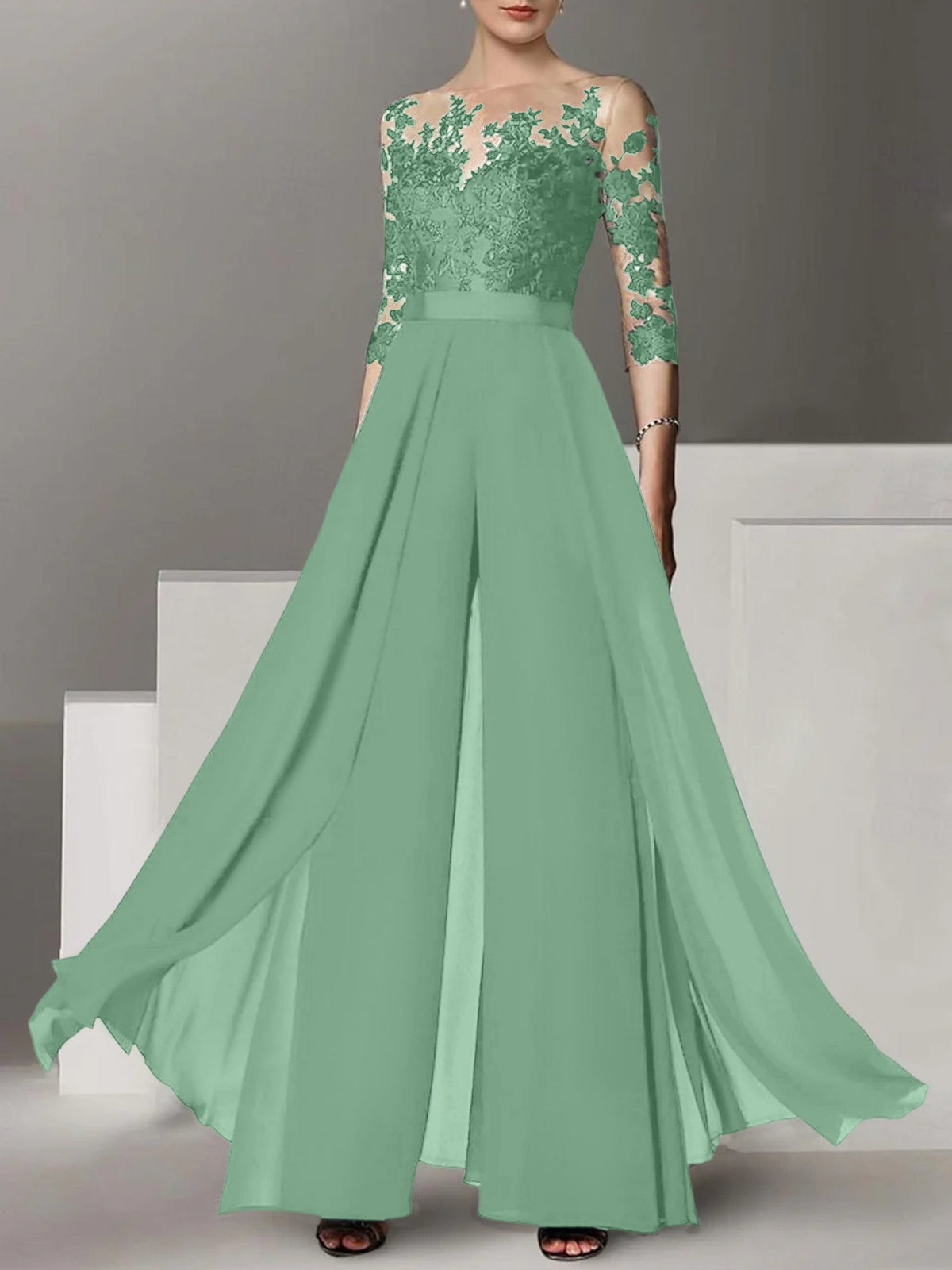 Jewel Neck A Line Long Mother of the Bride Pantsuit with Applique and 3/4 Sleeves