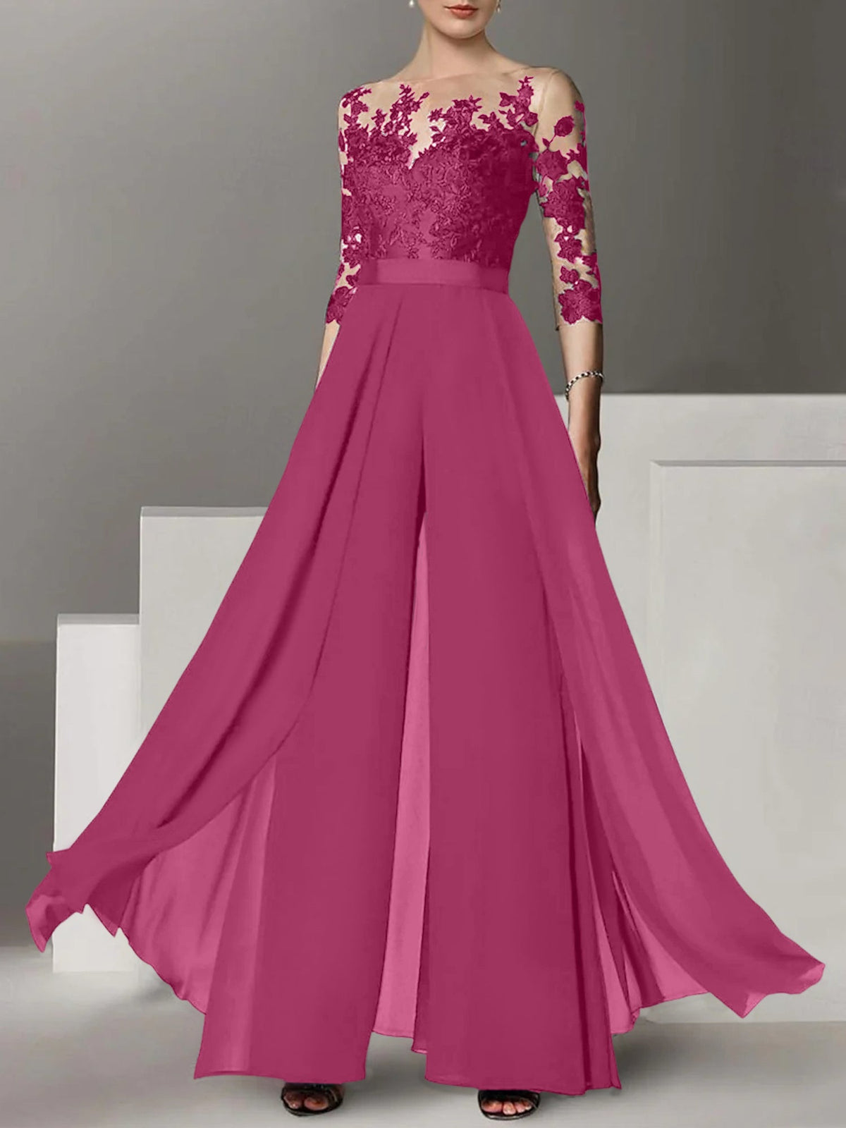 Jewel Neck A Line Long Mother of the Bride Pantsuit with Applique and 3/4 Sleeves