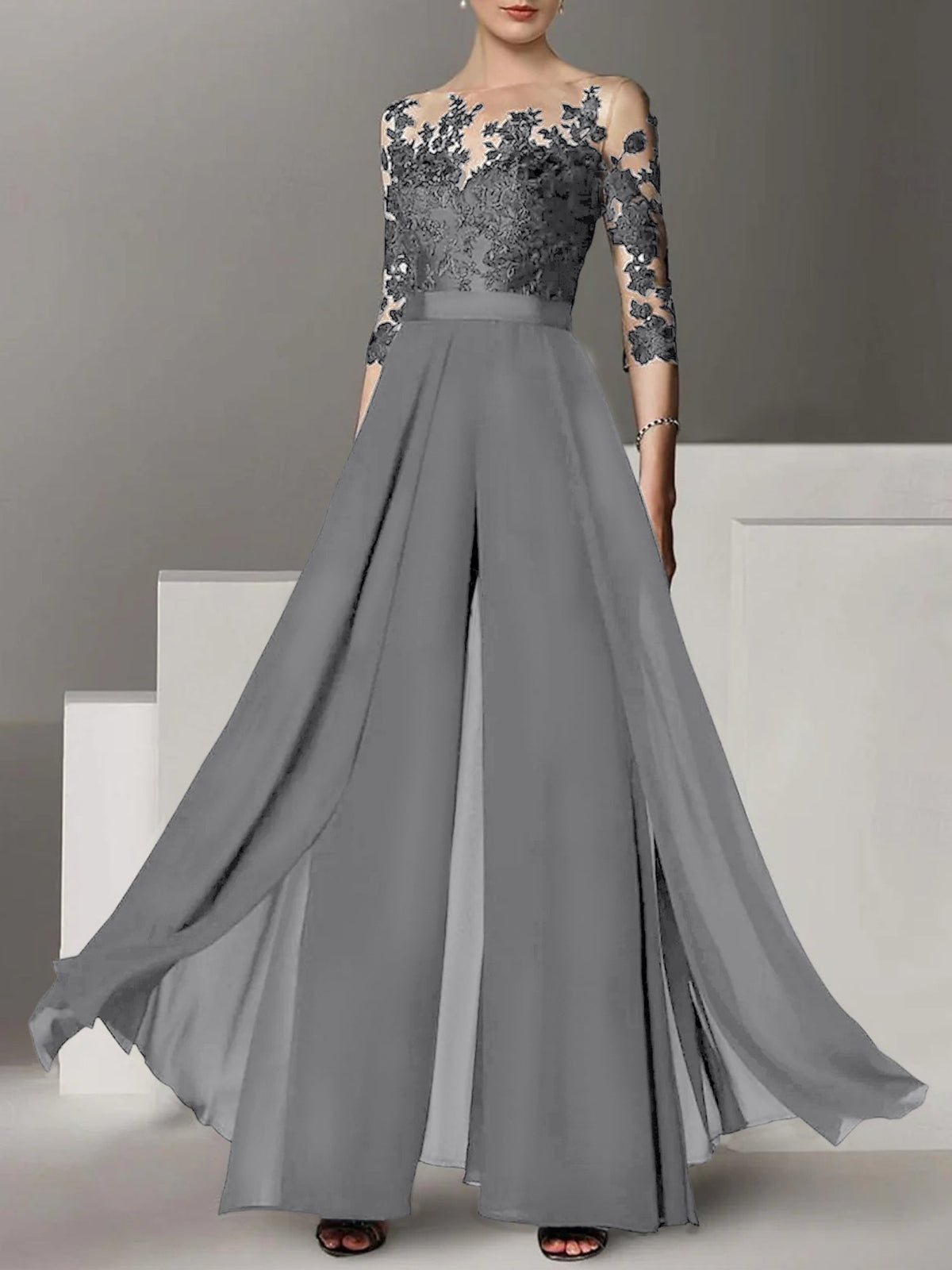 Jewel Neck A Line Long Mother of the Bride Pantsuit with Applique and 3/4 Sleeves