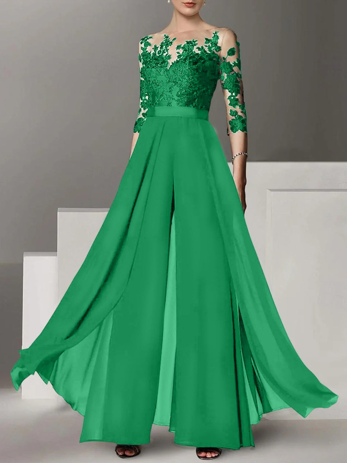 Jewel Neck A Line Long Mother of the Bride Pantsuit with Applique and 3/4 Sleeves