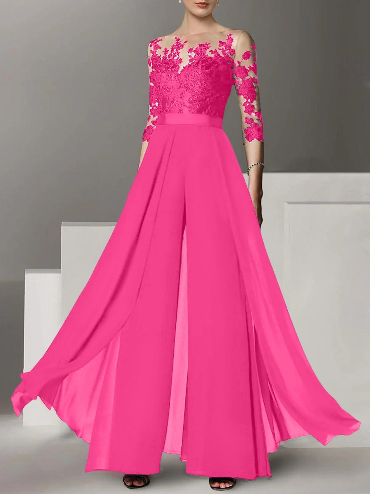 Jewel Neck A Line Long Mother of the Bride Pantsuit with Applique and 3/4 Sleeves
