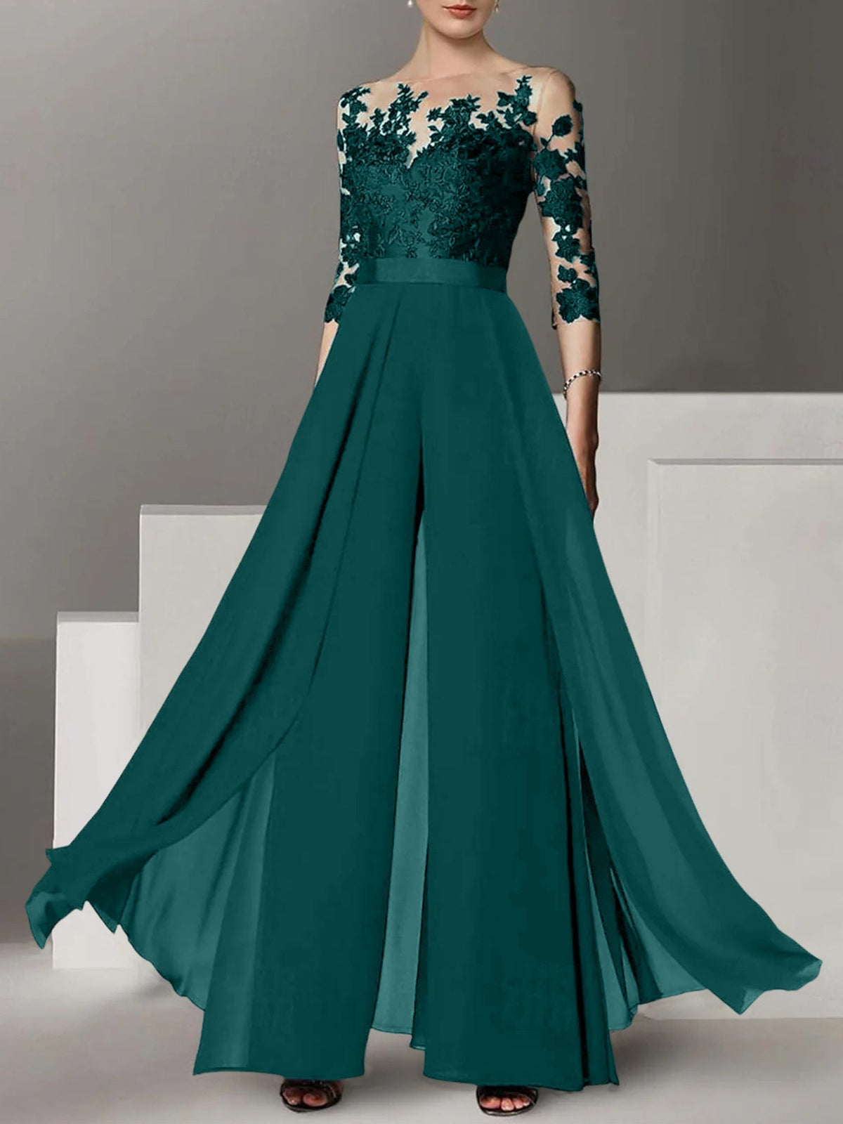 Jewel Neck A Line Long Mother of the Bride Pantsuit with Applique and 3/4 Sleeves