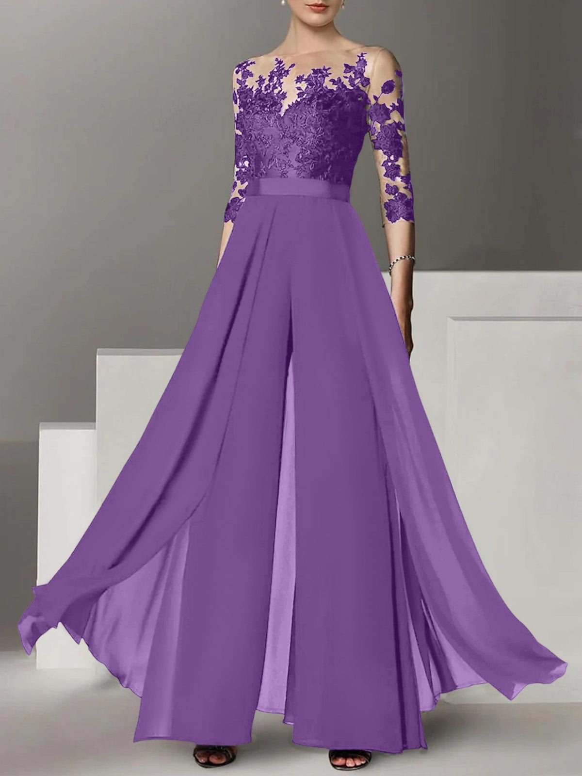 Jewel Neck A Line Long Mother of the Bride Pantsuit with Applique and 3/4 Sleeves