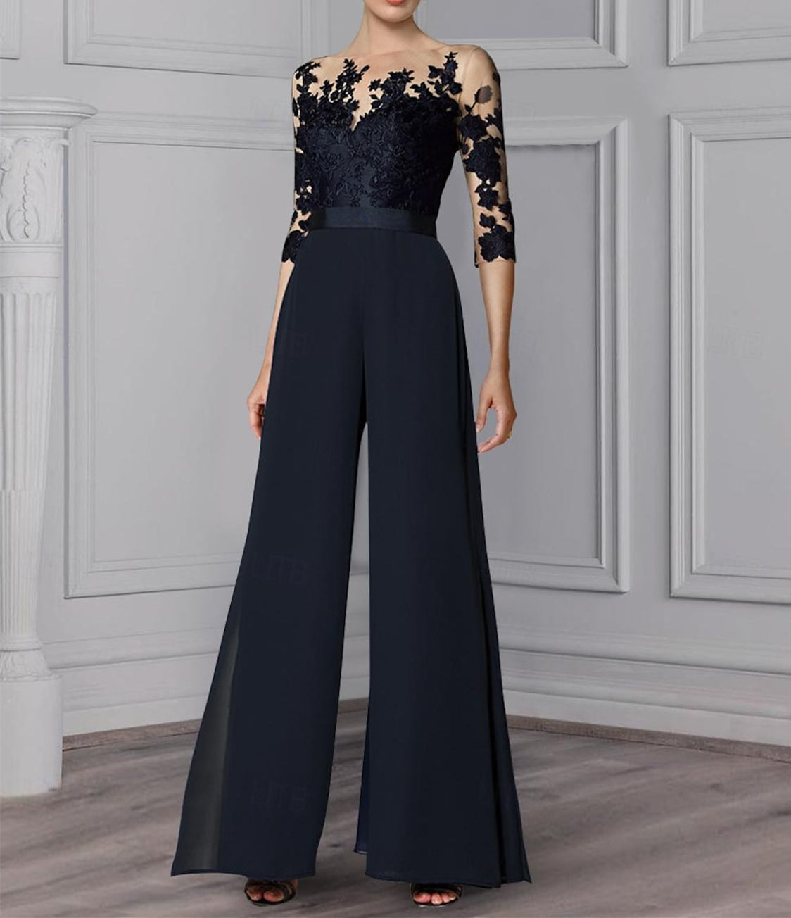 Jewel Neck A Line Long Mother of the Bride Pantsuit with Applique and 3/4 Sleeves
