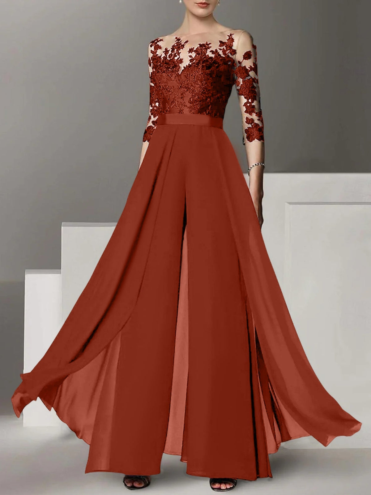 Jewel Neck A Line Long Mother of the Bride Pantsuit with Applique and 3/4 Sleeves