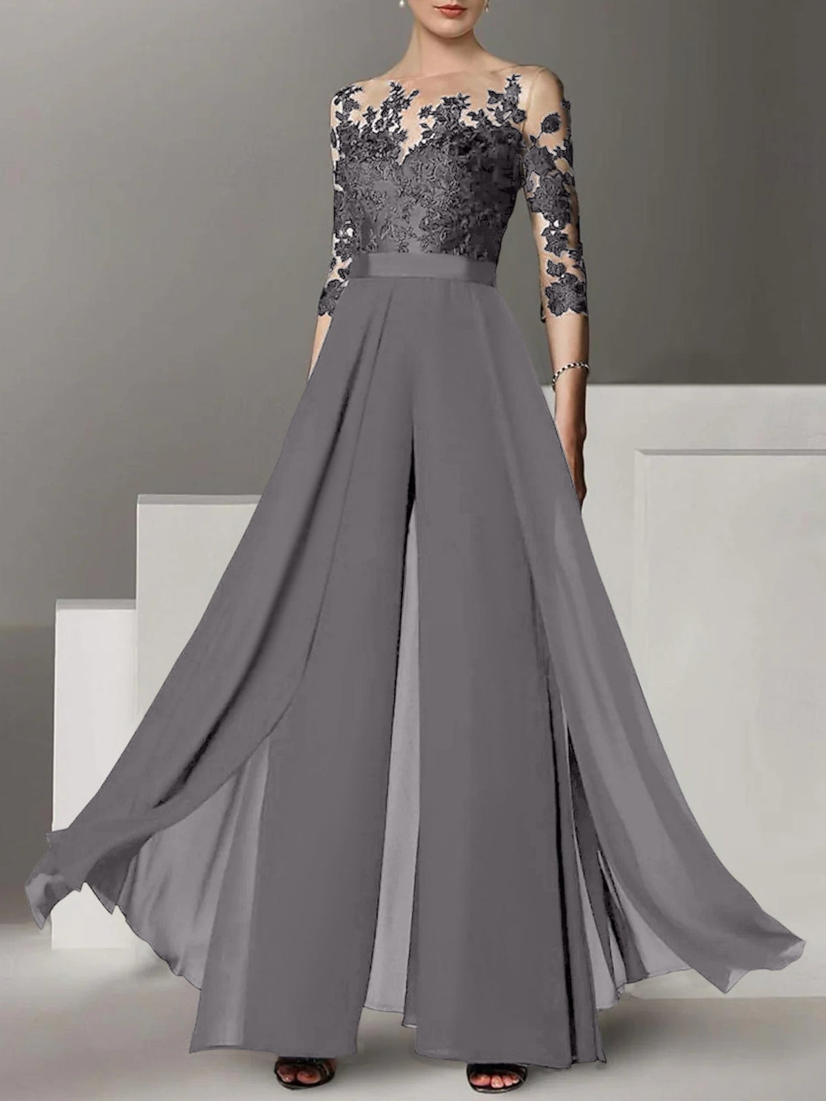 Jewel Neck A Line Long Mother of the Bride Pantsuit with Applique and 3/4 Sleeves