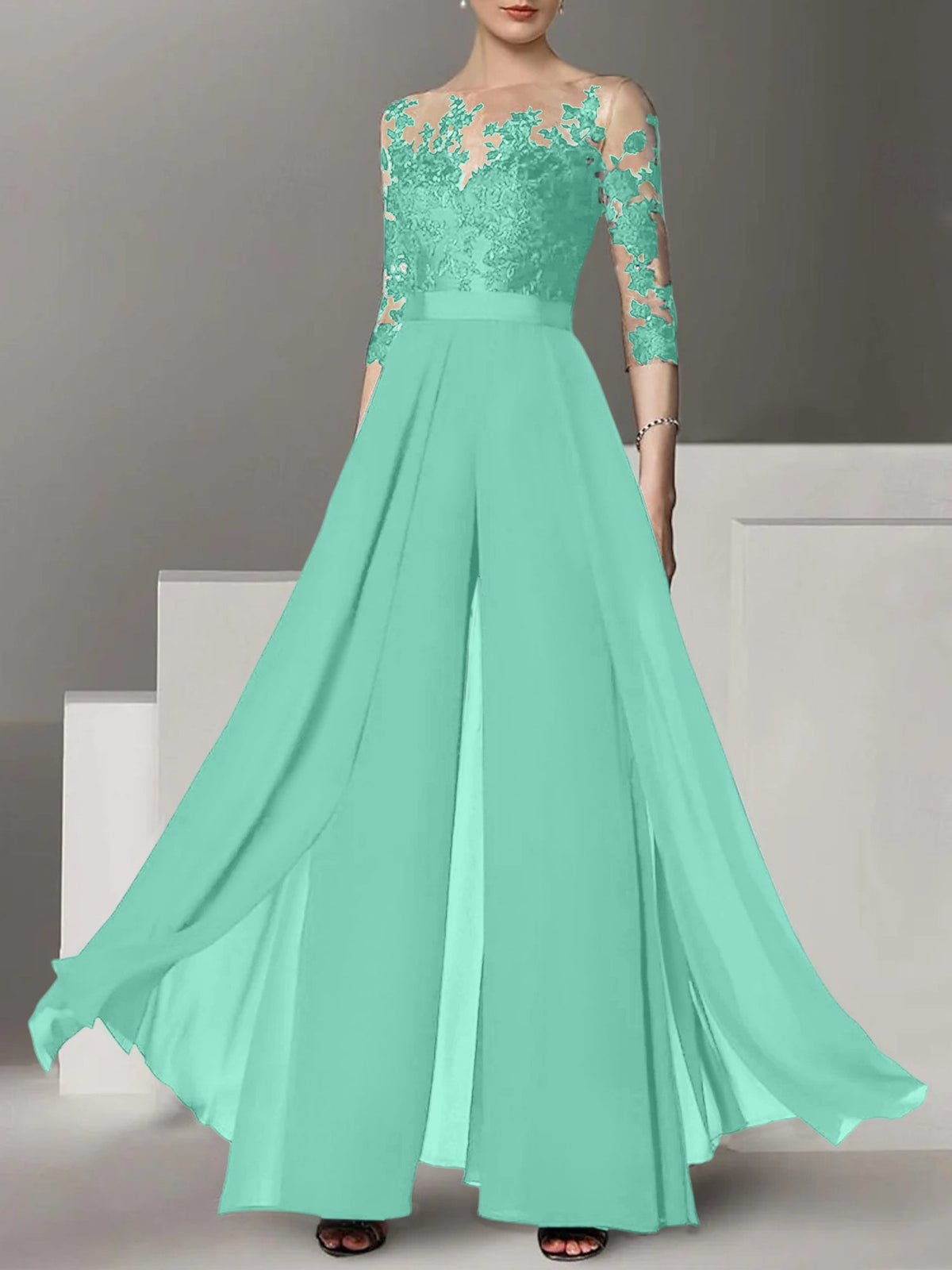 Jewel Neck A Line Long Mother of the Bride Pantsuit with Applique and 3/4 Sleeves