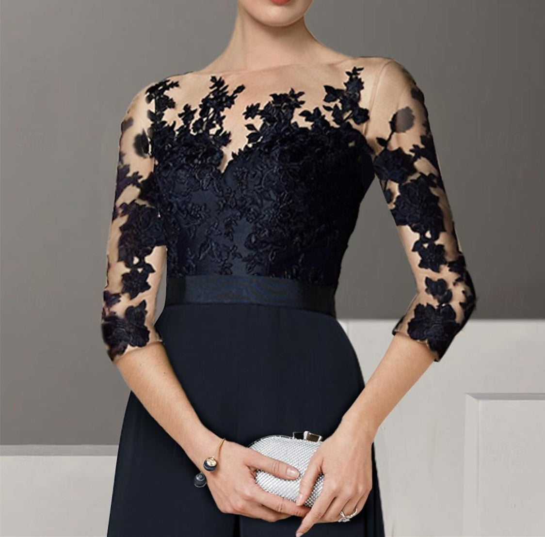 Jewel Neck A Line Long Mother of the Bride Pantsuit with Applique and 3/4 Sleeves