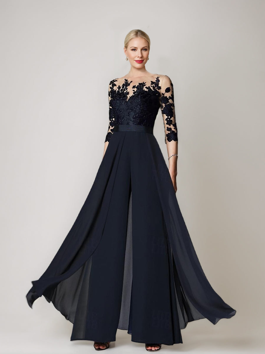 Jewel Neck A Line Long Mother of the Bride Pantsuit with Applique and 3/4 Sleeves