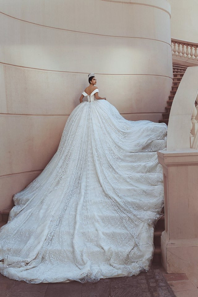 Princess Lace Appliques Wedding Dress with Beads| Off The Shoulder Ball Gown Bride Dress with Long Train