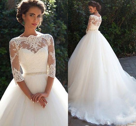 Princess Lace Half Sleeves Elegant  Ball Gown Wedding Dresses BA3678
