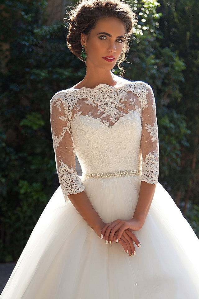 Princess Lace Half Sleeves Elegant  Ball Gown Wedding Dresses BA3678