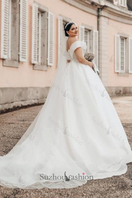 Princess Long White Wedding Dress Off The Shoulder A Line V Neck Organza Satin Bridal Gown