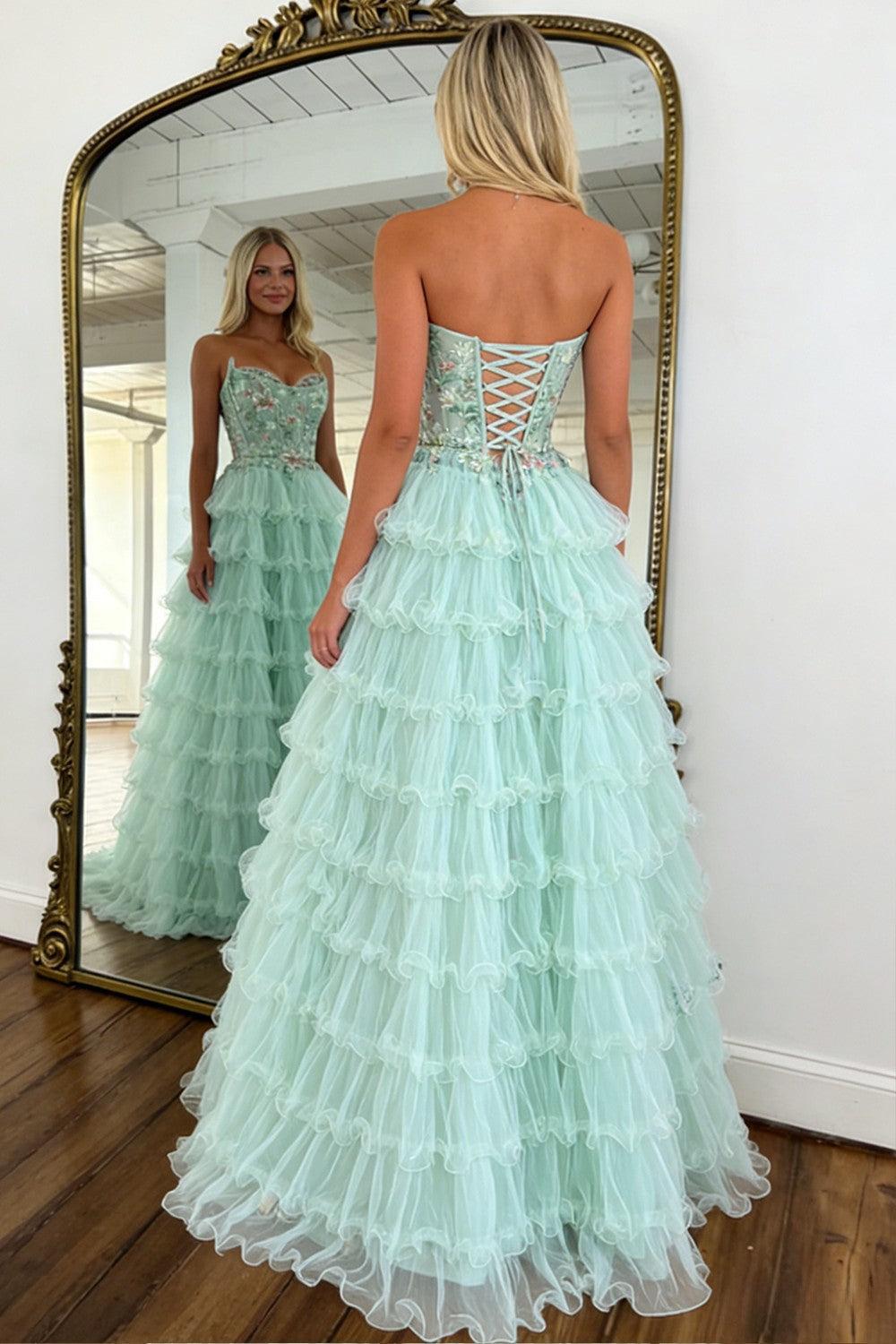 Suzhoufashion Princess Mint Green Tiered Tulle Prom Dress With Floral Embroidered Corset Formal Evening Gown
