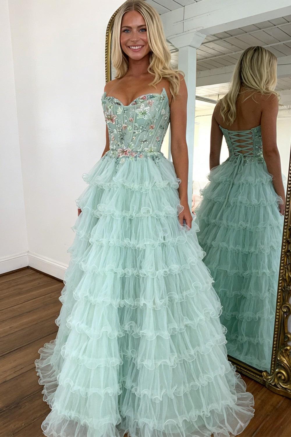 Suzhoufashion Princess Mint Green Tiered Tulle Prom Dress With Floral Embroidered Corset Formal Evening Gown