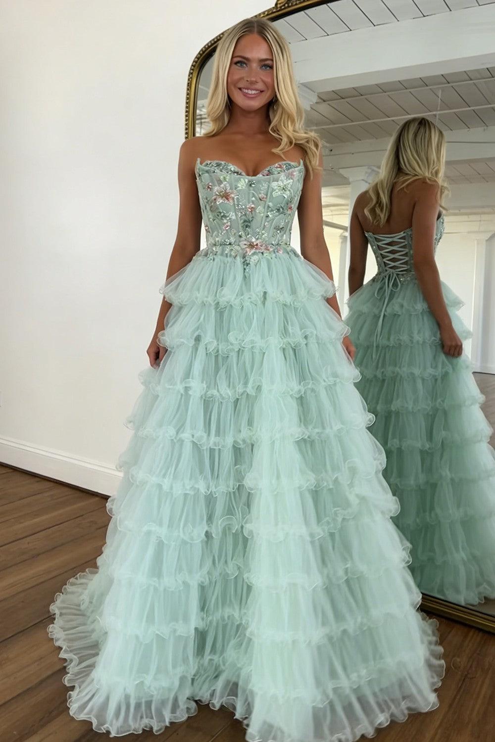 Suzhoufashion Princess Mint Green Tiered Tulle Prom Dress With Floral Embroidered Corset Formal Evening Gown