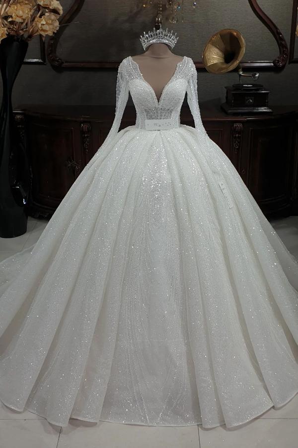 Princess V-neck Glitter A-line Wedding Dresses With Sleeves