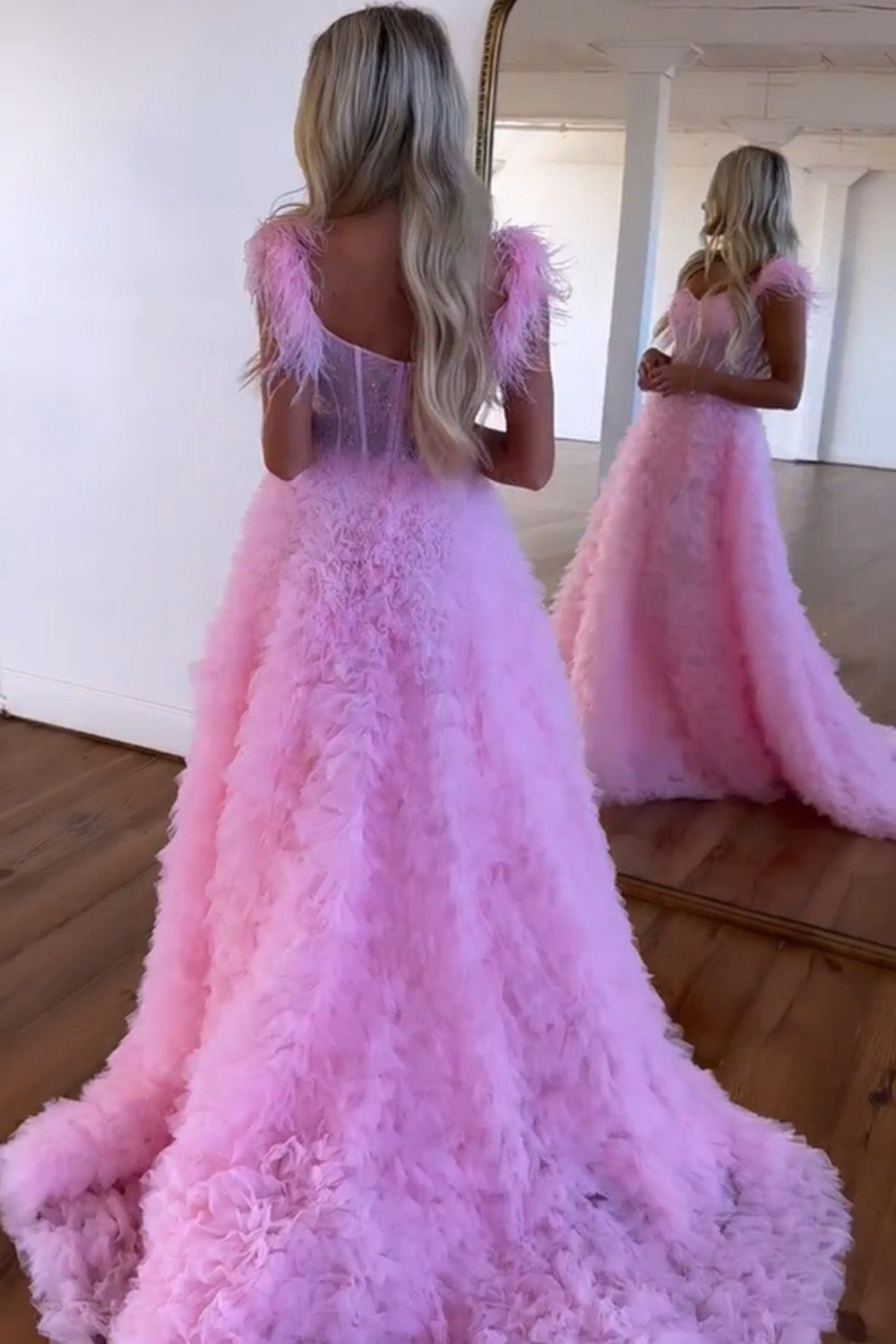 Princess A-Line Feather Straps Long Ruffle Prom Dress With Split - View 2 | VelvetHem