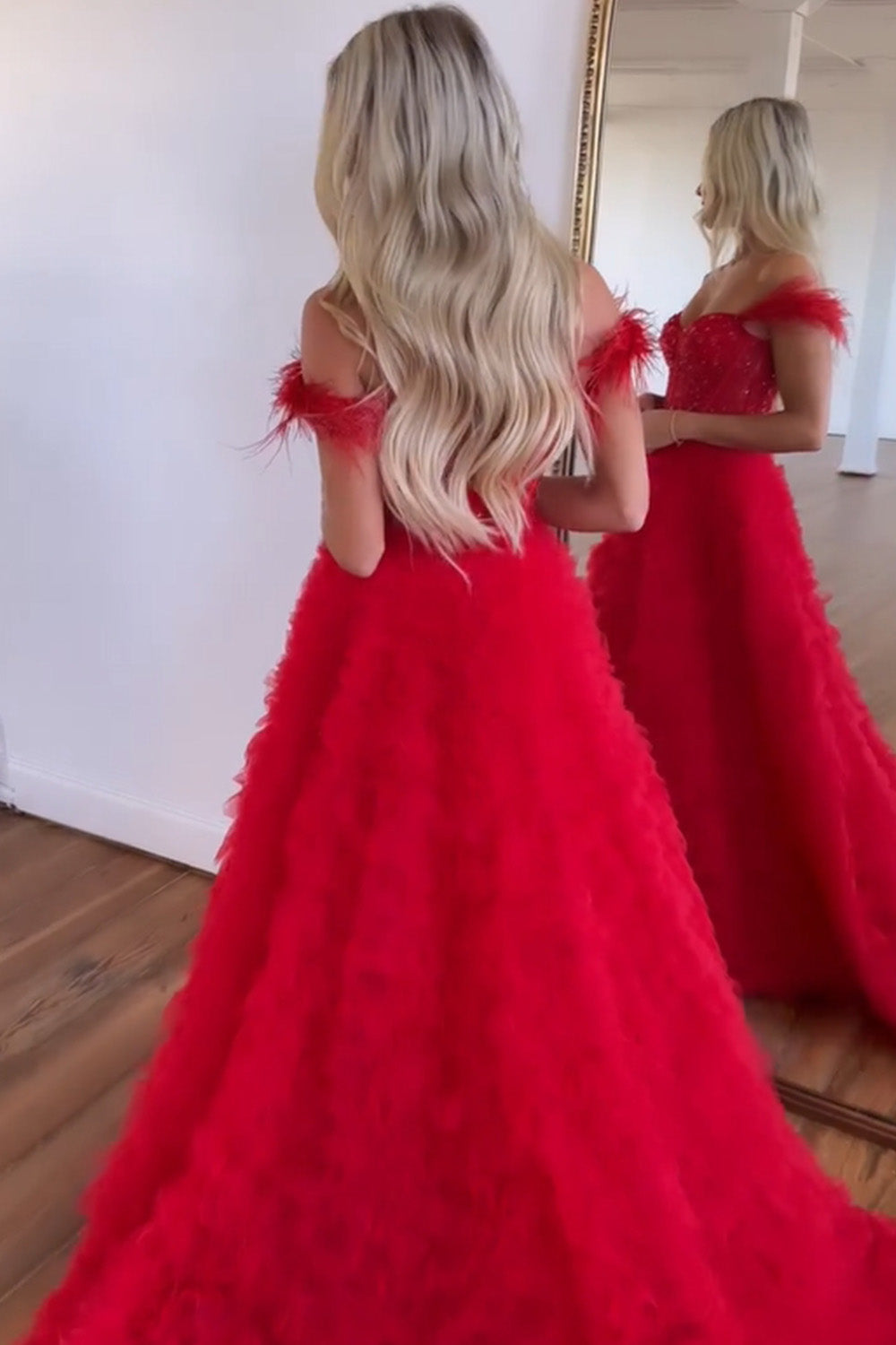 Princess A-Line Feather Straps Long Ruffle Prom Dress With Split - View 4 | VelvetHem