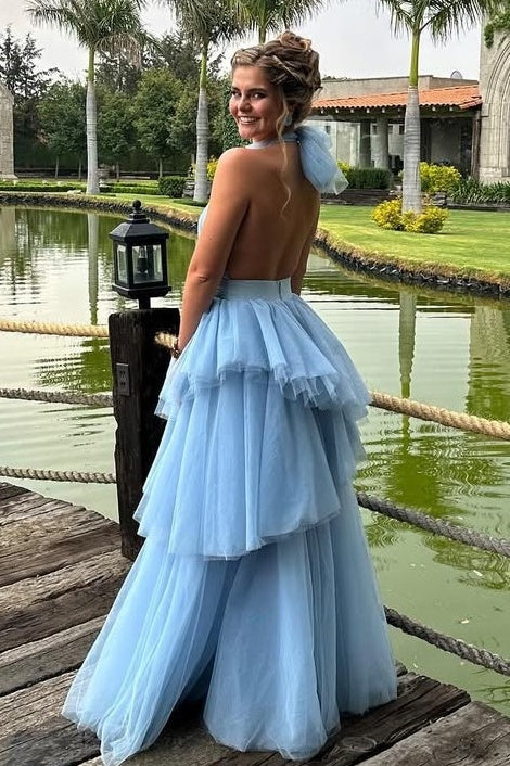 Princess A Line Halter Neck Blue Tulle Long Prom Dress with Ruffles - View 4 | VelvetHem