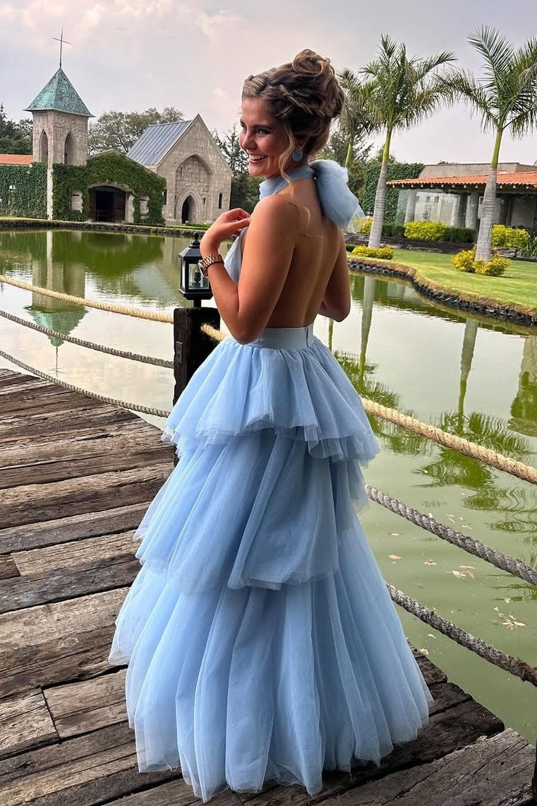 Princess A Line Halter Neck Blue Tulle Long Prom Dress with Ruffles - View 5 | VelvetHem