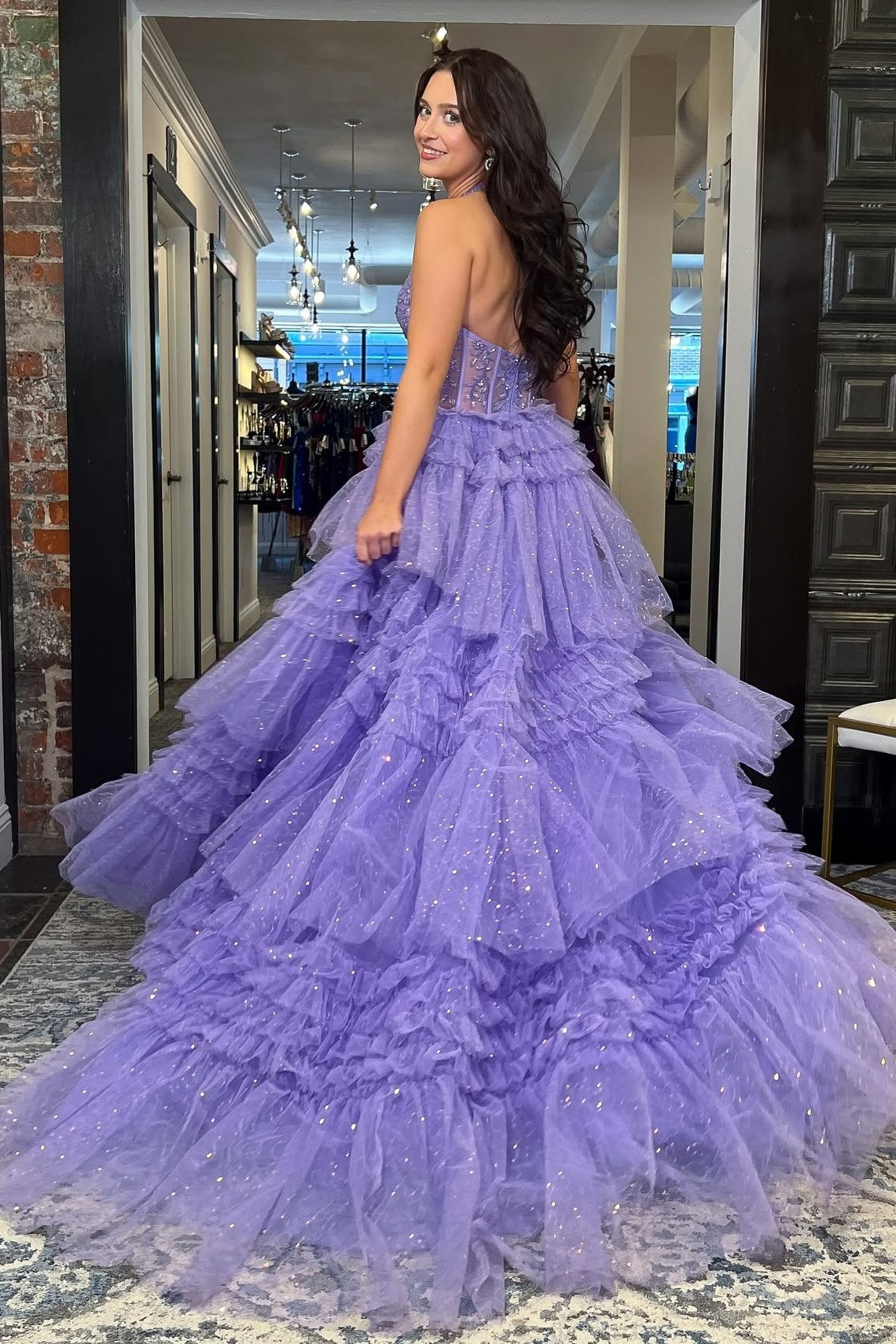 Princess A Line Halter Neck Lilac Corset Prom Dress with Ruffles - View 2 | VelvetHem