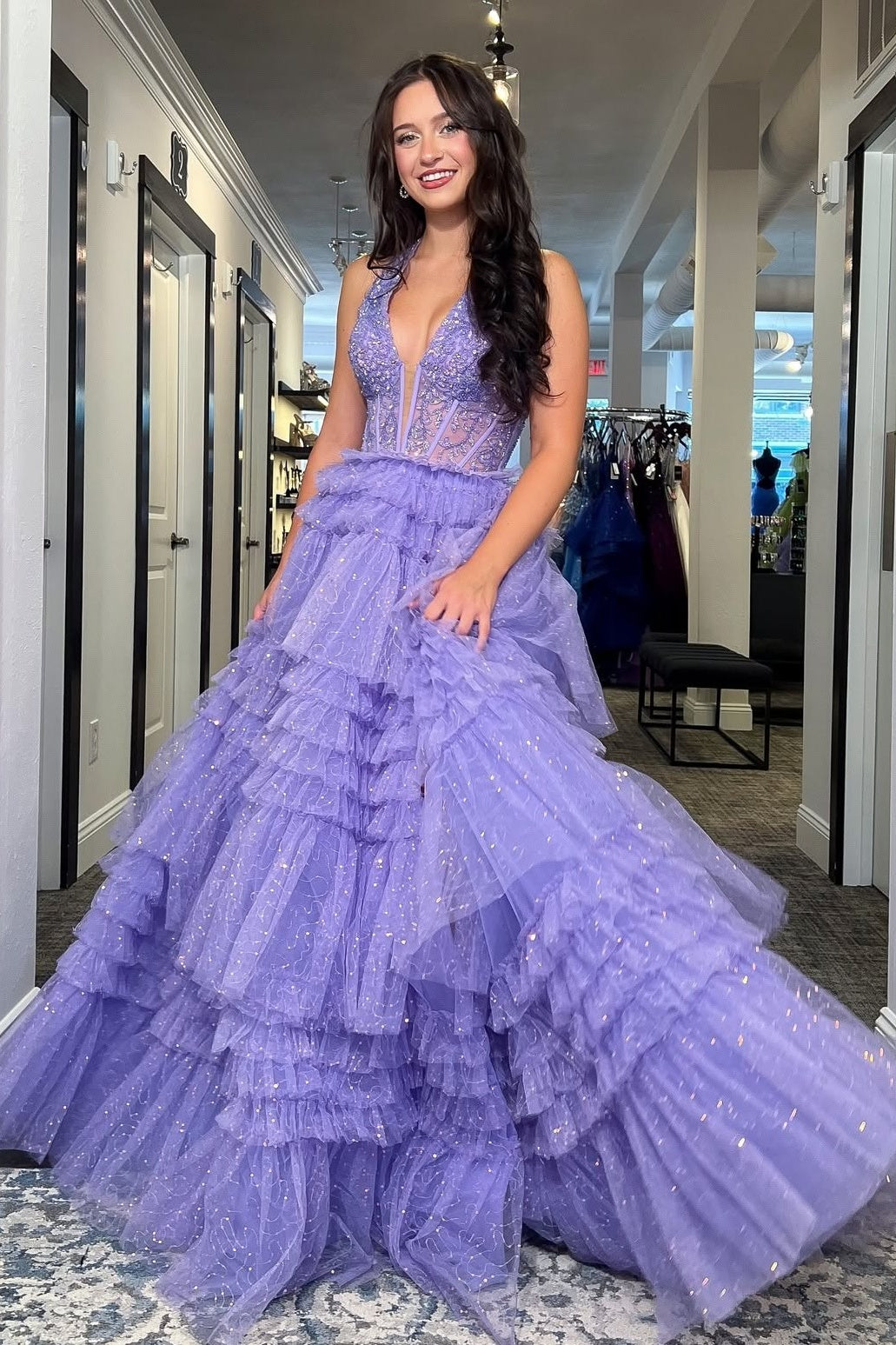 Princess A Line Halter Neck Lilac Corset Prom Dress with Ruffles - View 4 | VelvetHem