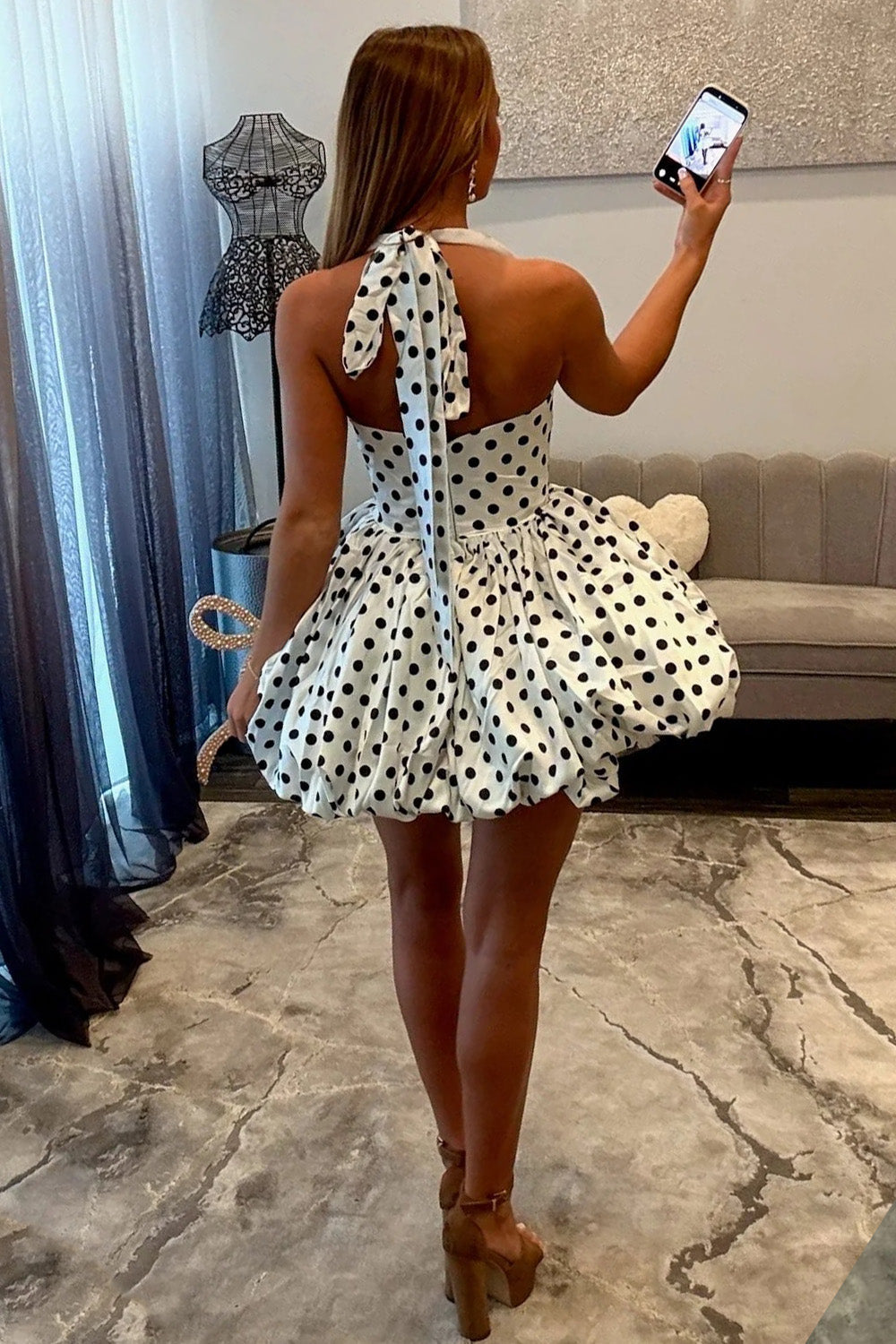 Princess A Line Halter Neck White Polka Dots Short Homecoming Dress