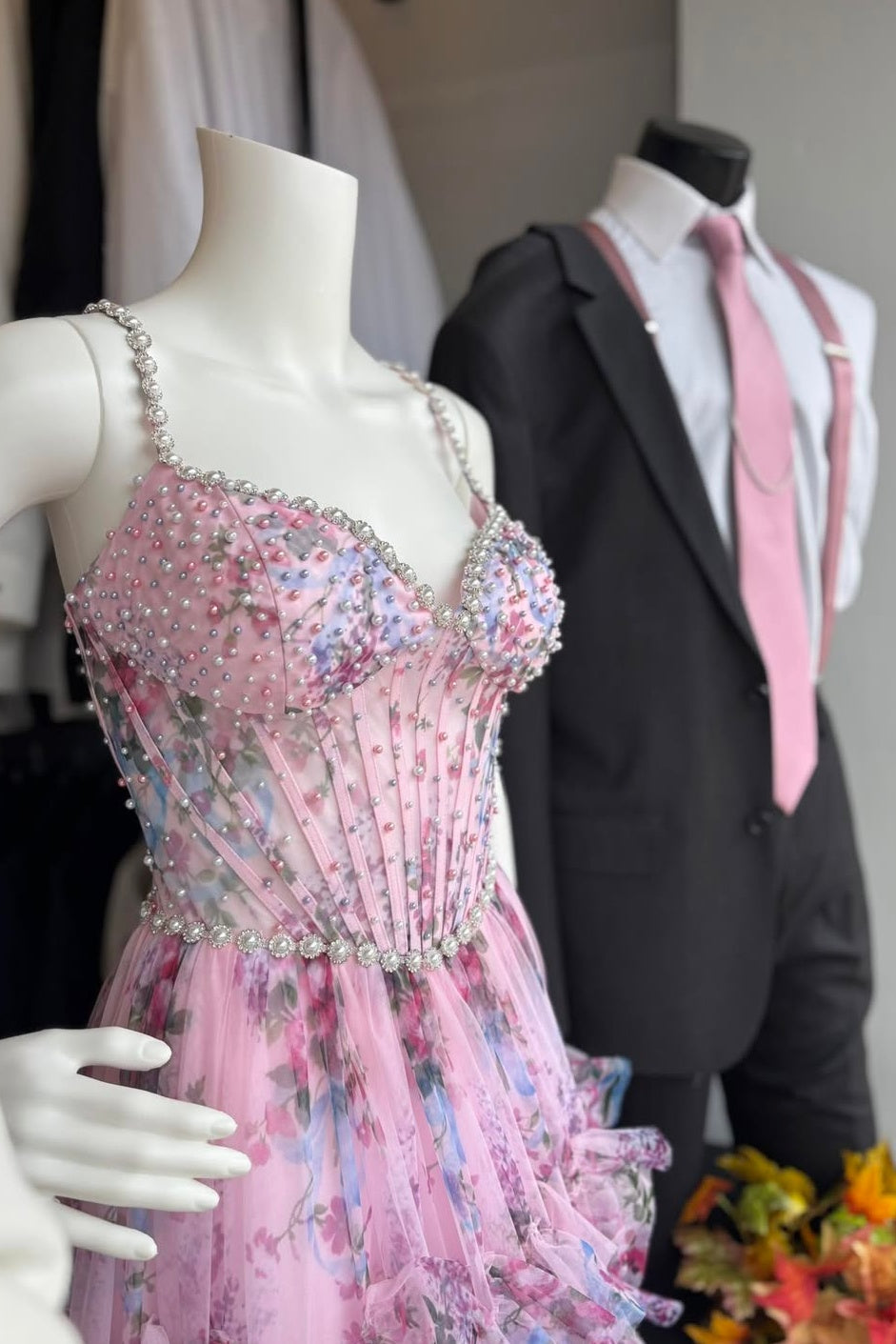 Princess A Line Spaghetti Straps Pink Corset Prom Dress with Pearls