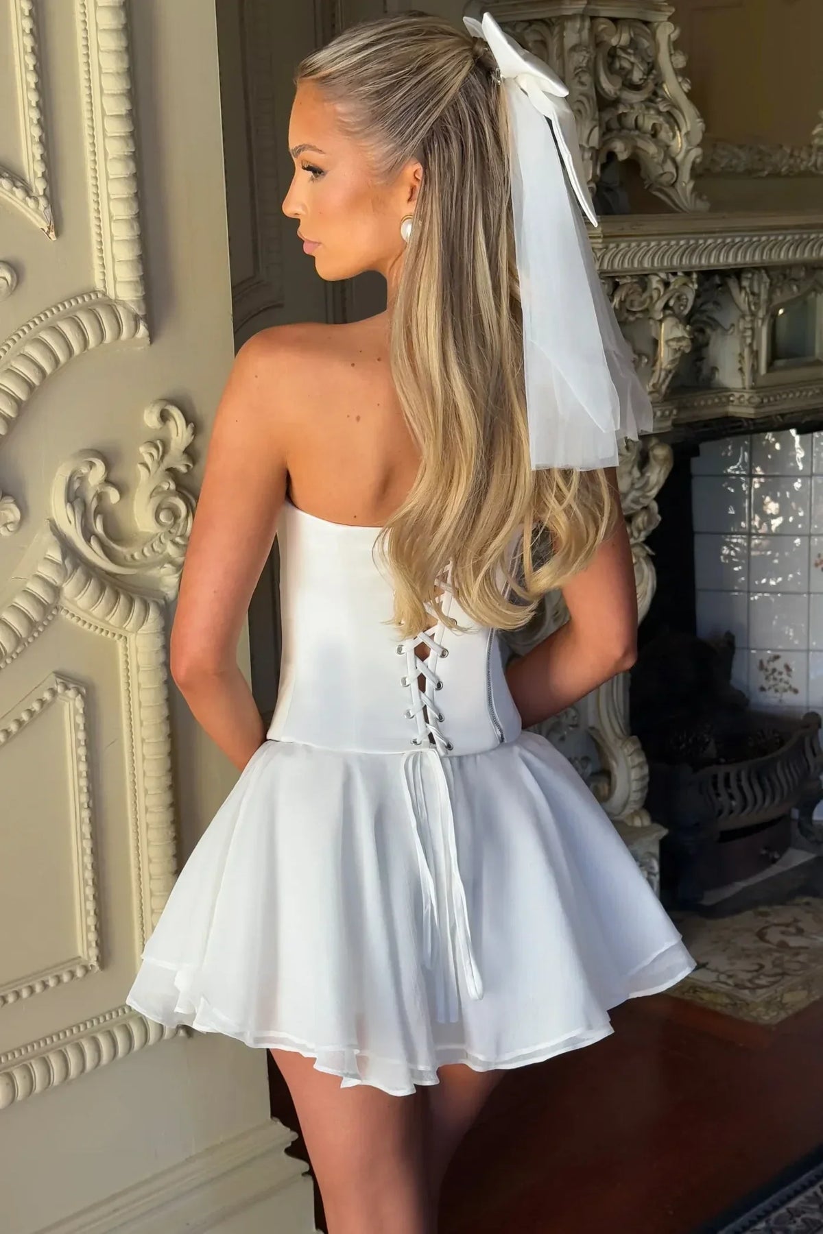 Princess A Line Strapless White Satin Short Homecoming Dress with Ruched - View 2 | VelvetHem