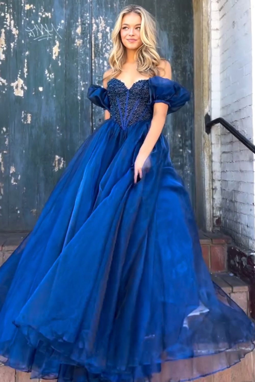 Princess A Line Sweetheart Blue Corset Prom Dress with Beading - View 6 | VelvetHem